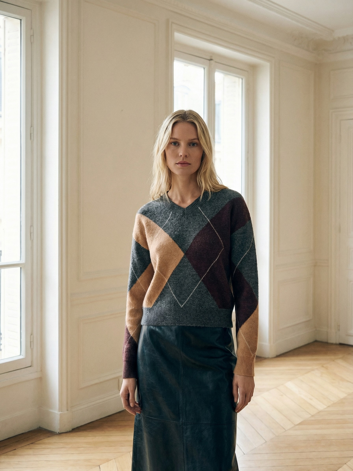 Geometric Plaid Fuzzy Knit Sweater V Neck Loose Casual Warm Autumn Winter