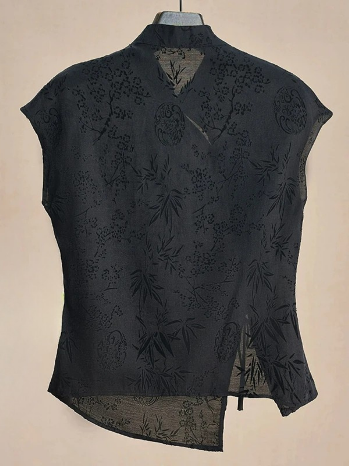 Black Mandarin Collar Jacquard Blouse