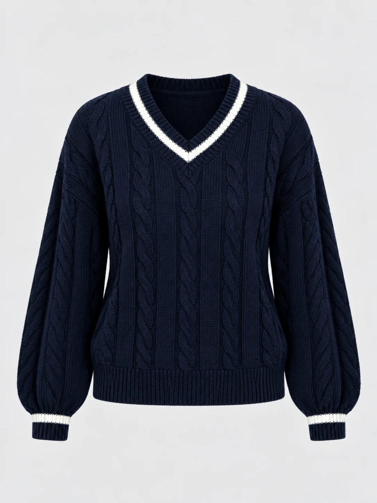 Contrast Trim Cable Knit V-Neck Sweater