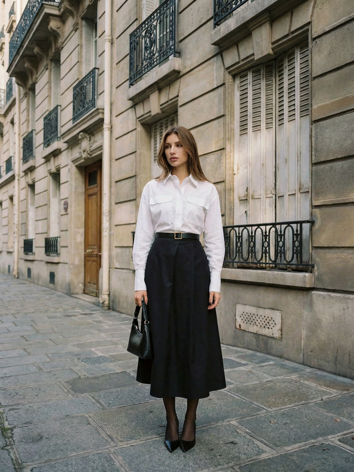 Gonna lunga nera con tasca frontale e bottoni per abbigliamento da ufficio, elegante abbigliamento da lavoro autunnale da donna