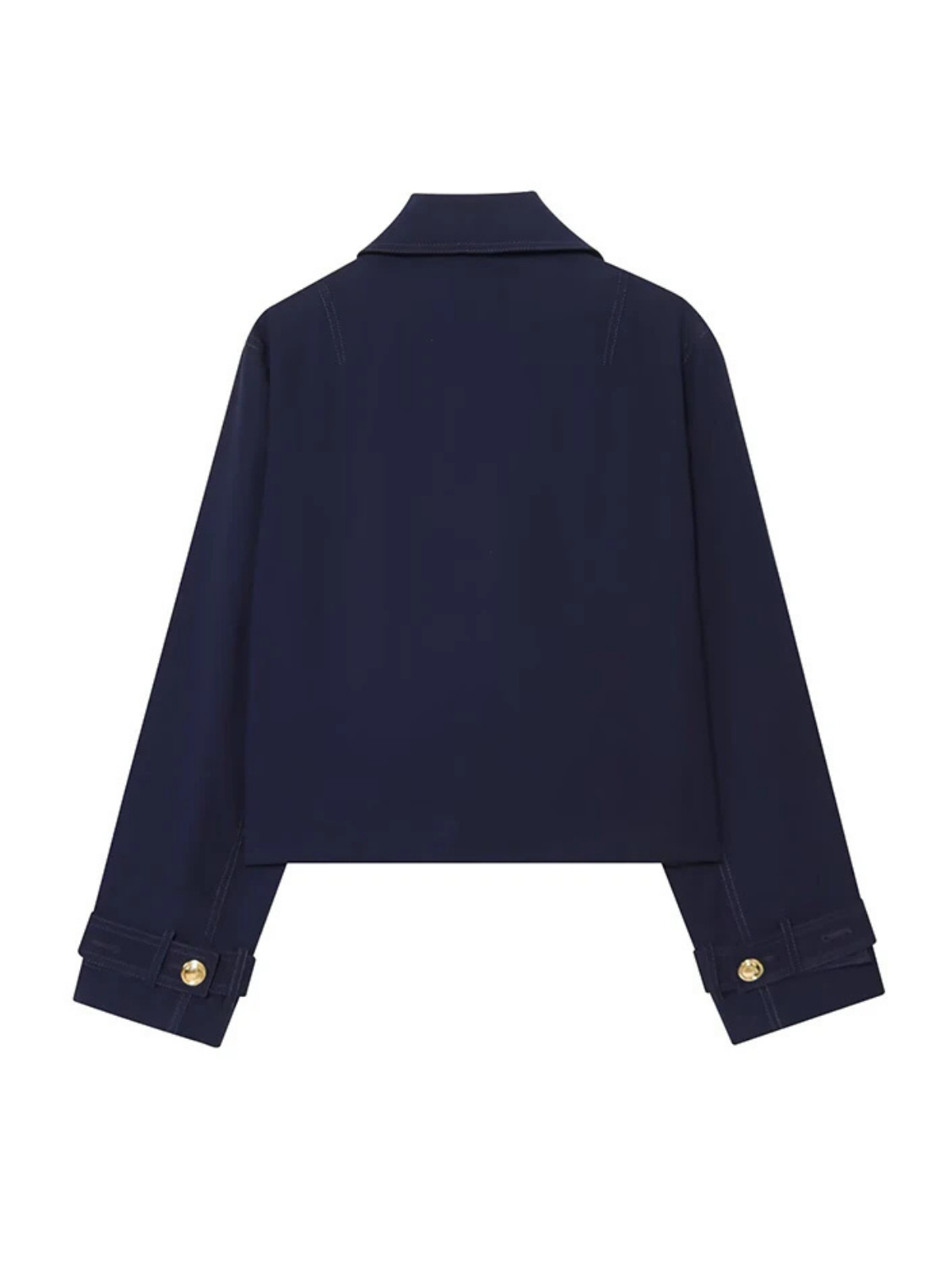 Navy Cropped Double Breasted Trench Jacket With Vintage Lapel Collar Long Sleeves