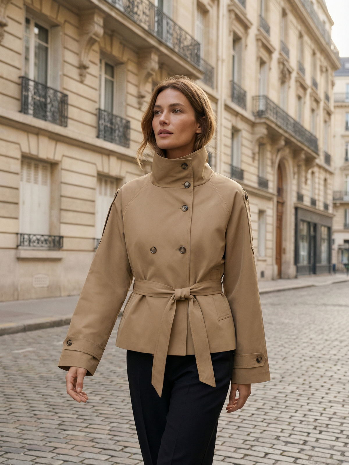 Trench doppiopetto con lacci color cachi