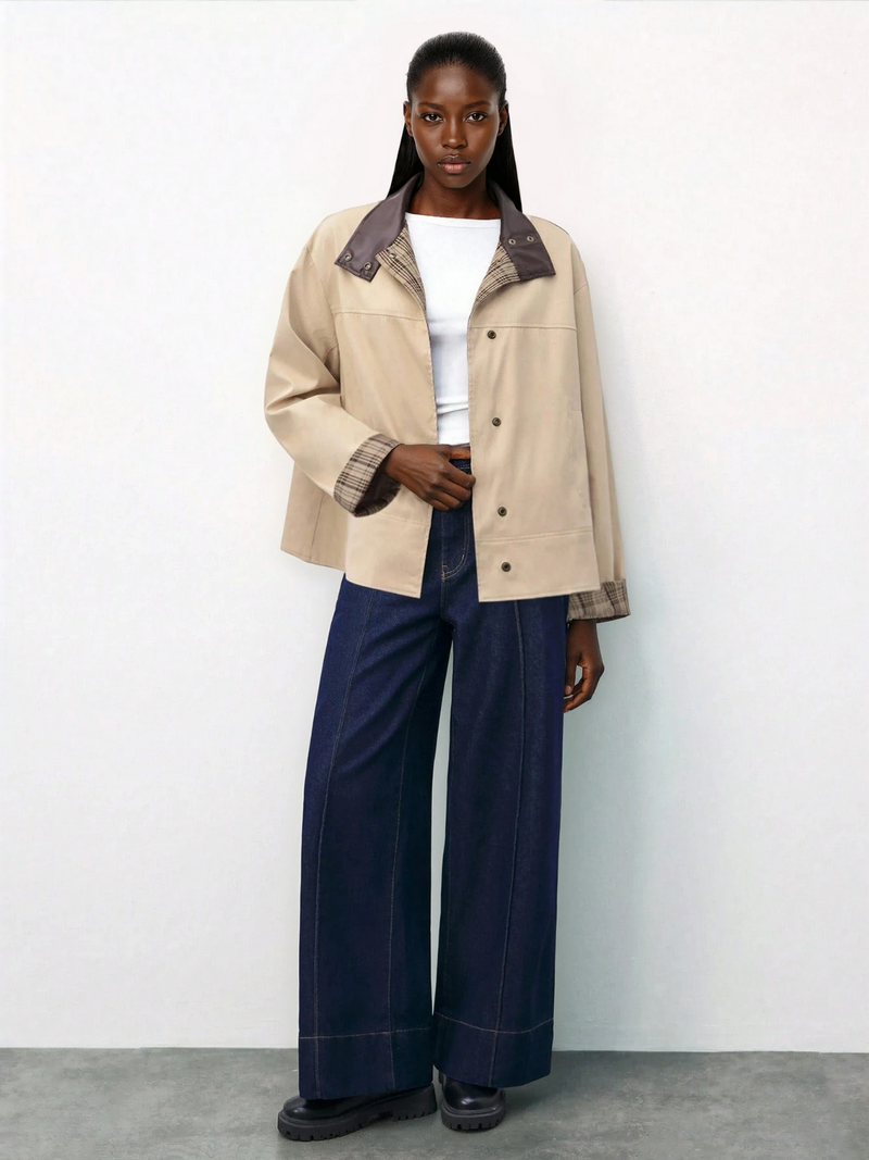 Blazer con maniche patchwork a quadri marroni e colletto in pelle per l'uso quotidiano invernale da donna