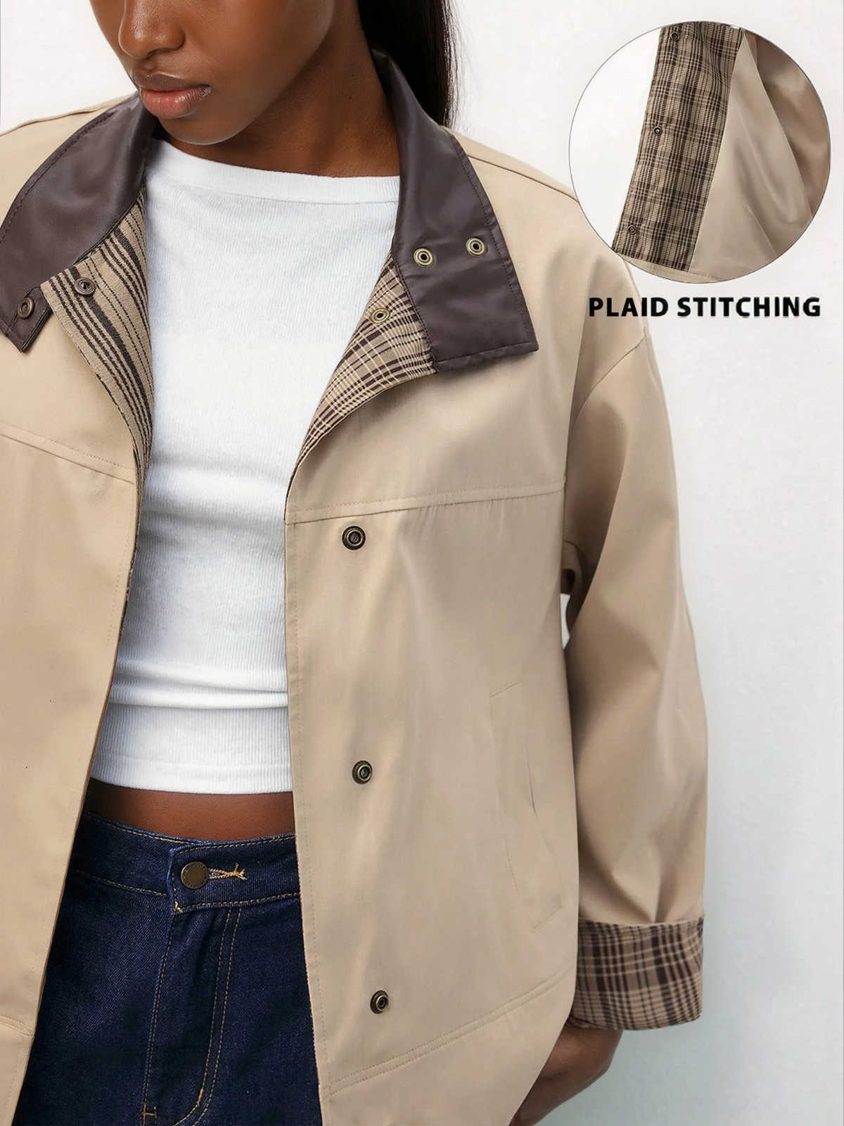 Brown Plaid Patchwork Sleeve Blazer With Leather Collar For Women Winter Everyday Wear