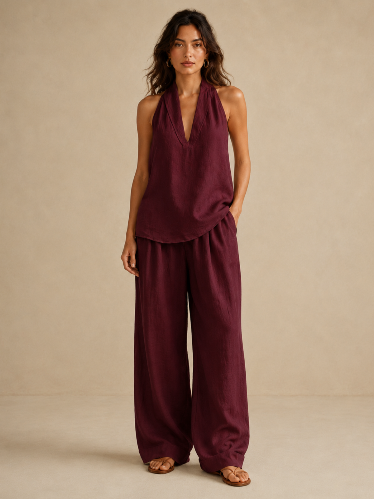 Top alla caviglia in stile elegante e pantaloni a gamba larga in coordinato