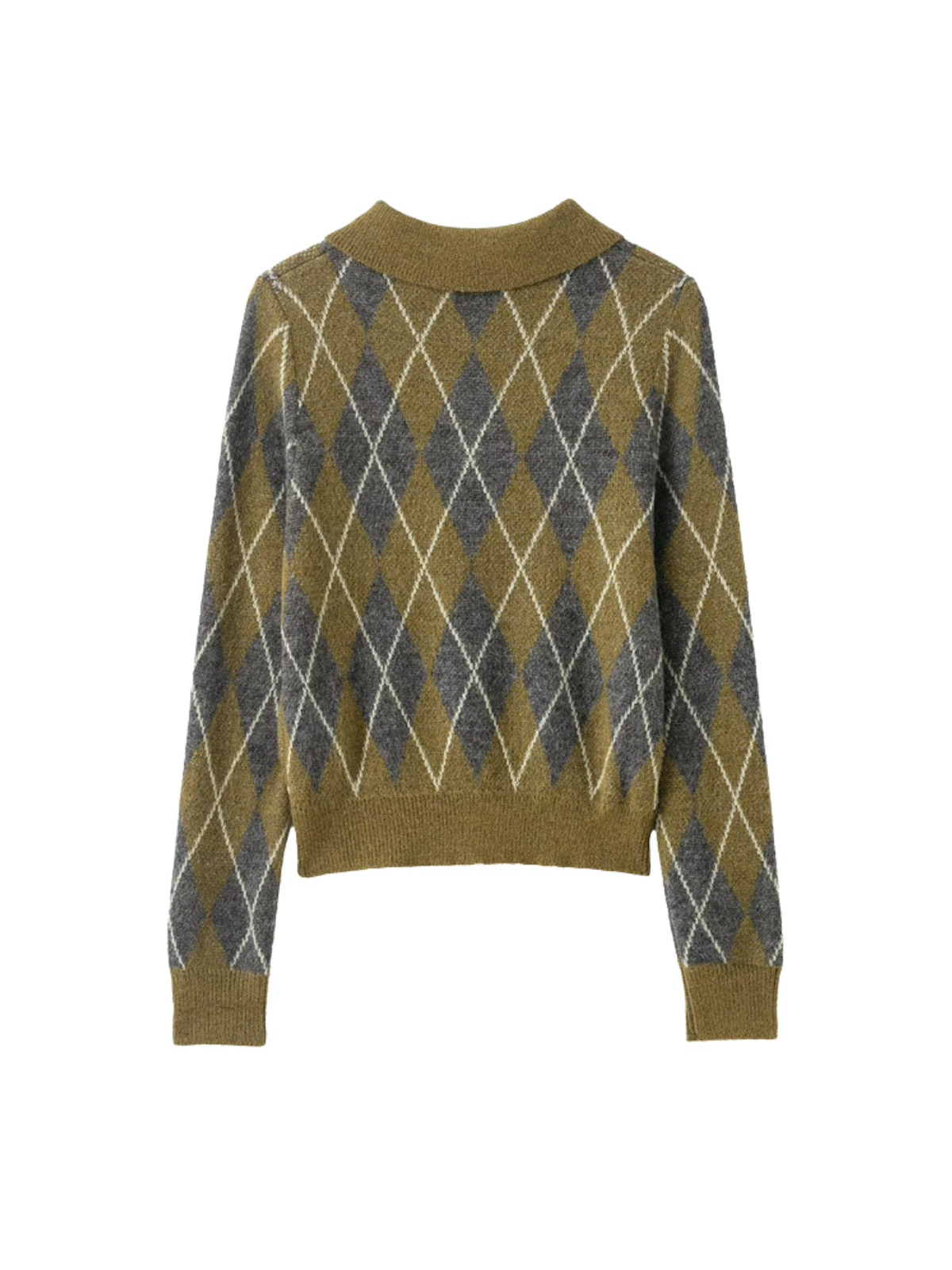 Diamond Patterned Knitted Sweater With Notched Lapel Buttoned Long Sleeves Elegant Style