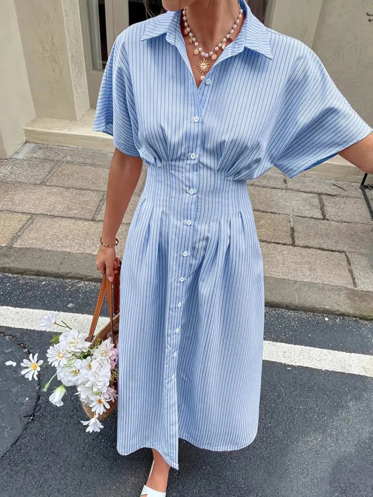 Relaxed Fit Midi Dress – Short Sleeve Button Up Summer Dress
