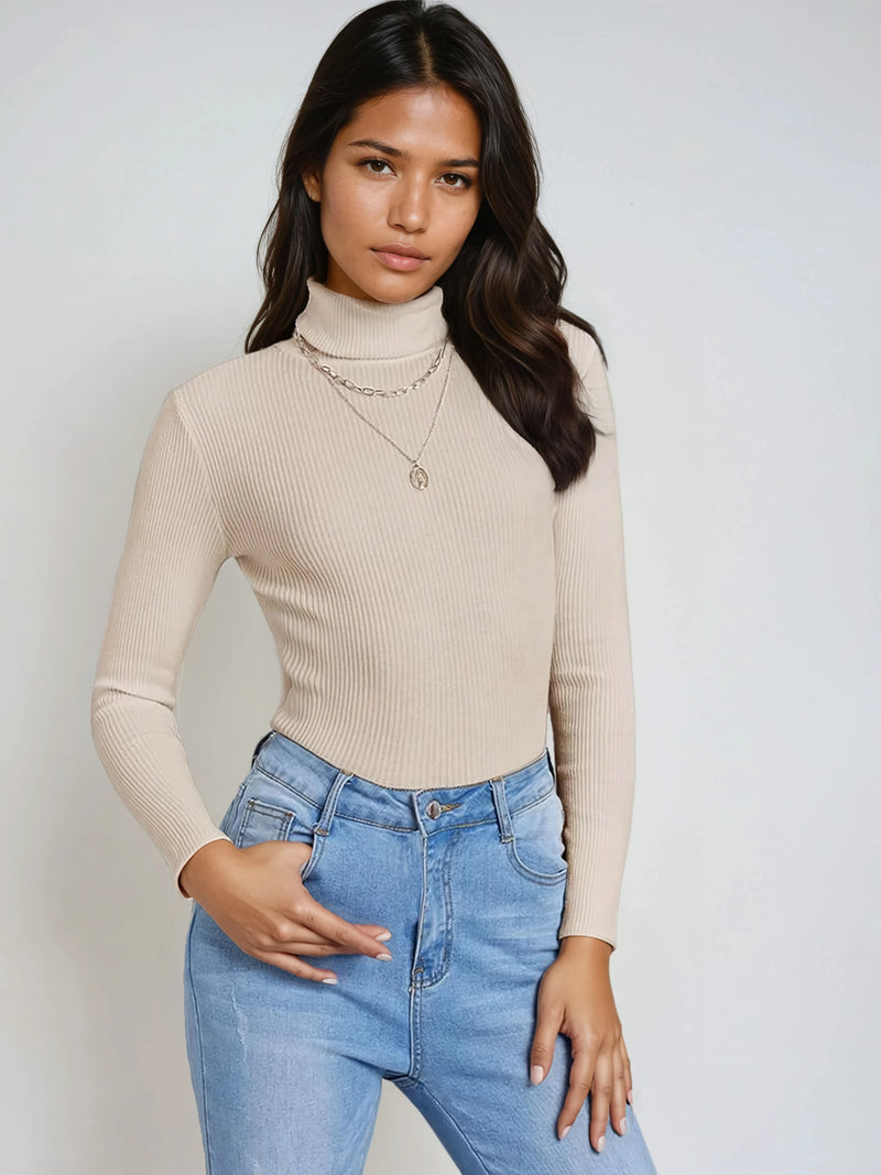 Ribbed Knit Turtleneck Sweater Slim Fit For Office Wear