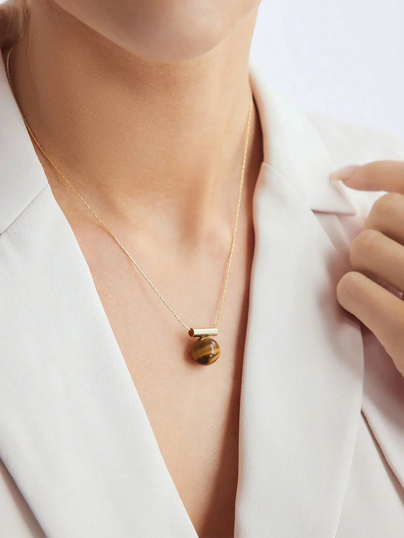Collana con ciondolo geometrico in occhio di tigre placcato oro 18K di lusso