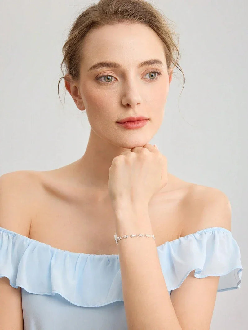 Elegante bracciale a catena con perline placcato argento e strass