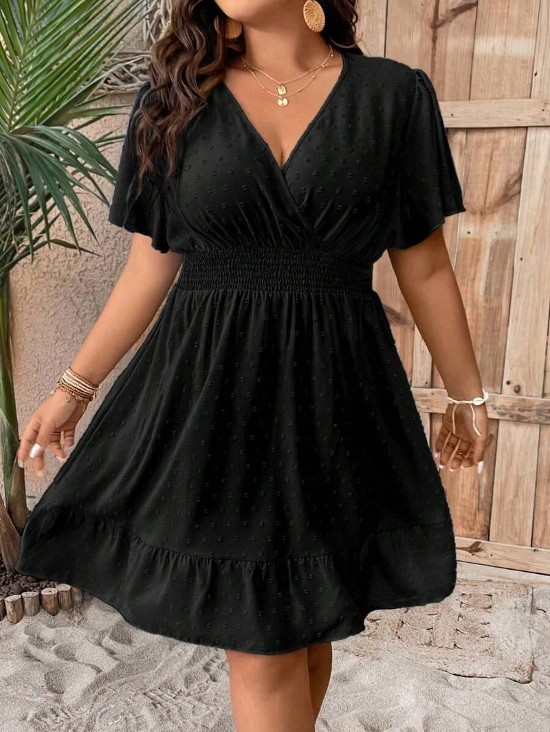 Plus Size V Neck Ruffle Dress With Cinched Waist Fit