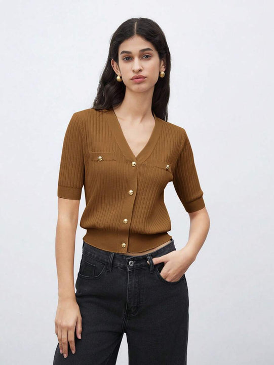 Chic V Neck Knit Sweater With Button Front Short Sleeve