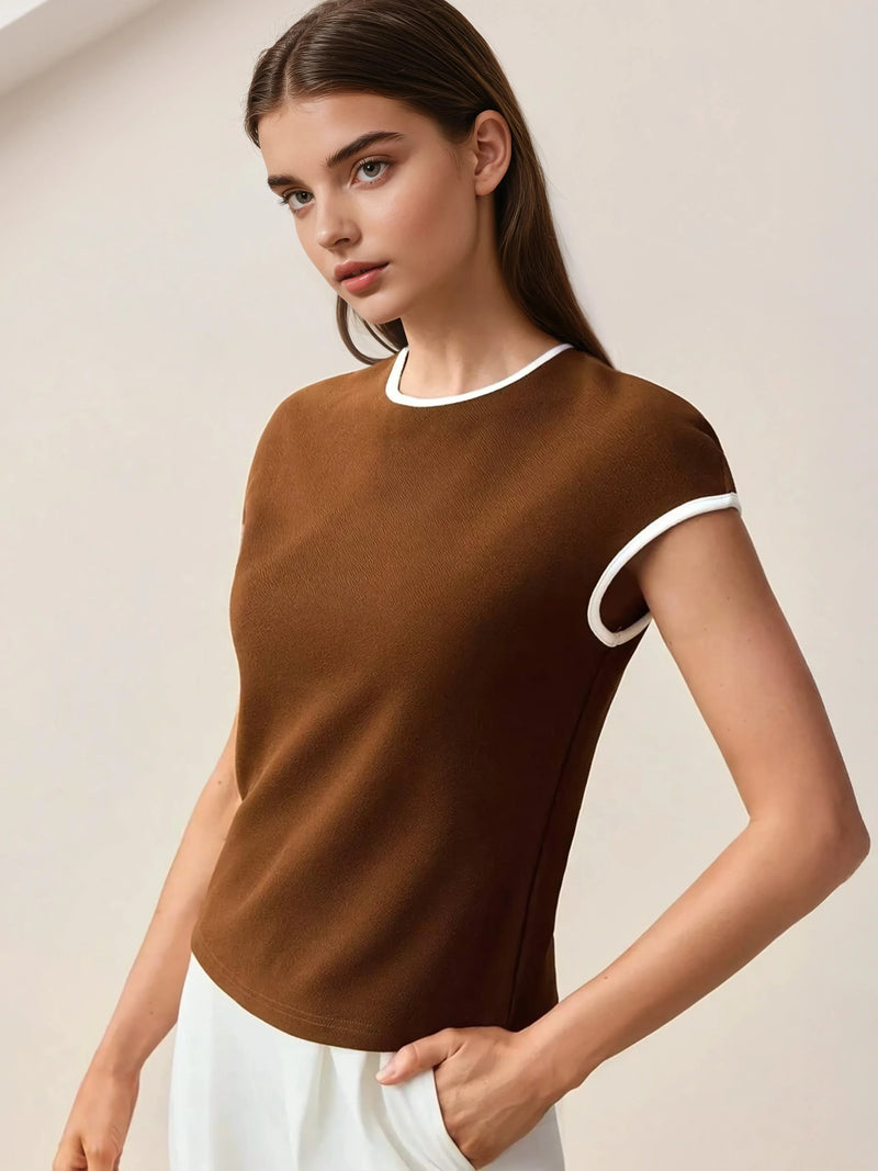 Contrast Trim Round Neck Short Sleeve Tee All Day Comfort