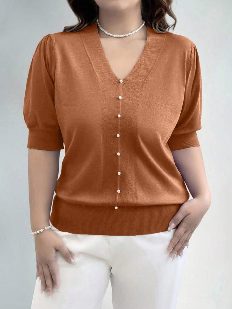 Maglione pullover in maglia tinta unita con scollo a V e maniche a sbuffo, taglie forti