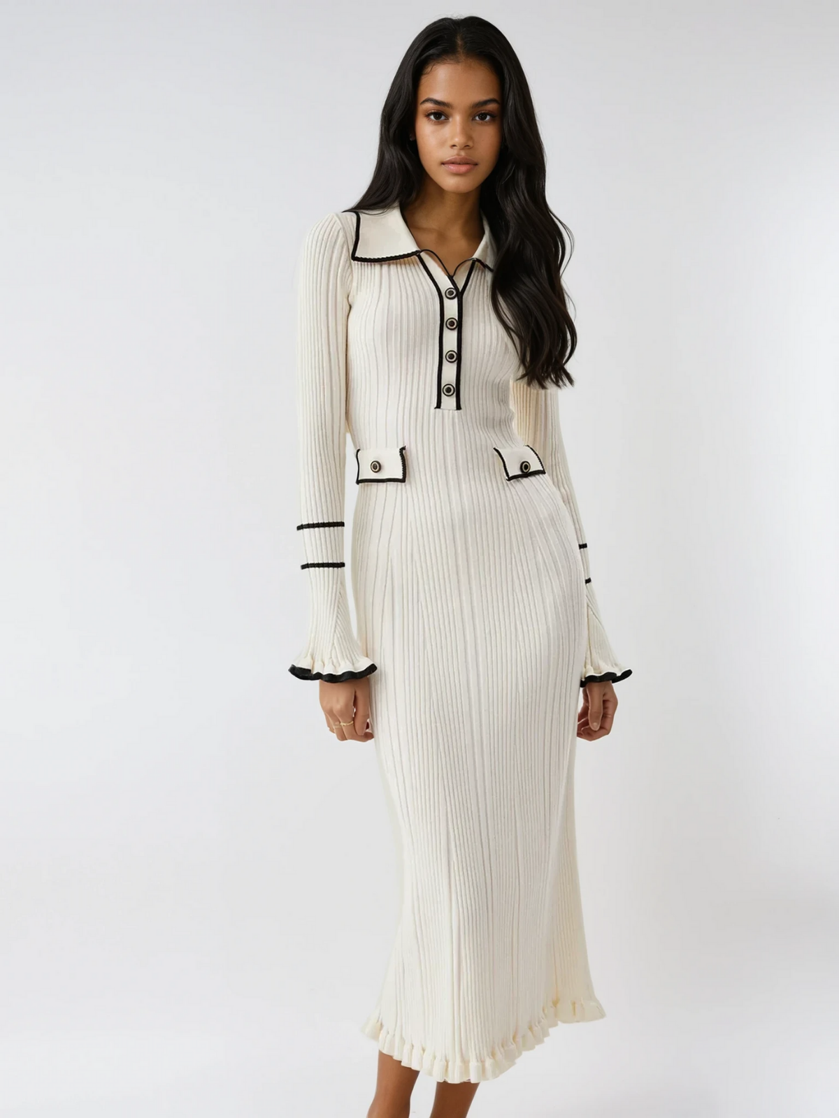 Oldmoney Style Contrast Ruffled Trim Midi Dress - LA FEMME WANDERER