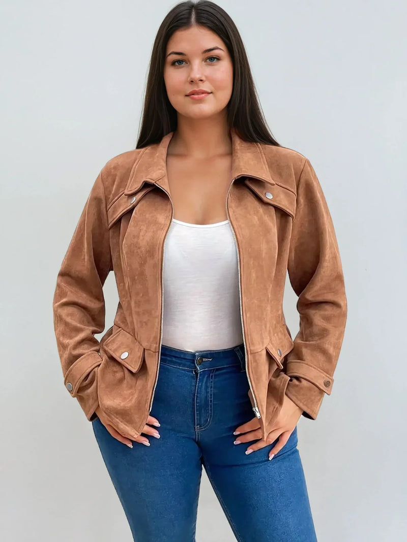 Plus Size Waisted Burgundy Casual Jacket With Front Zipper