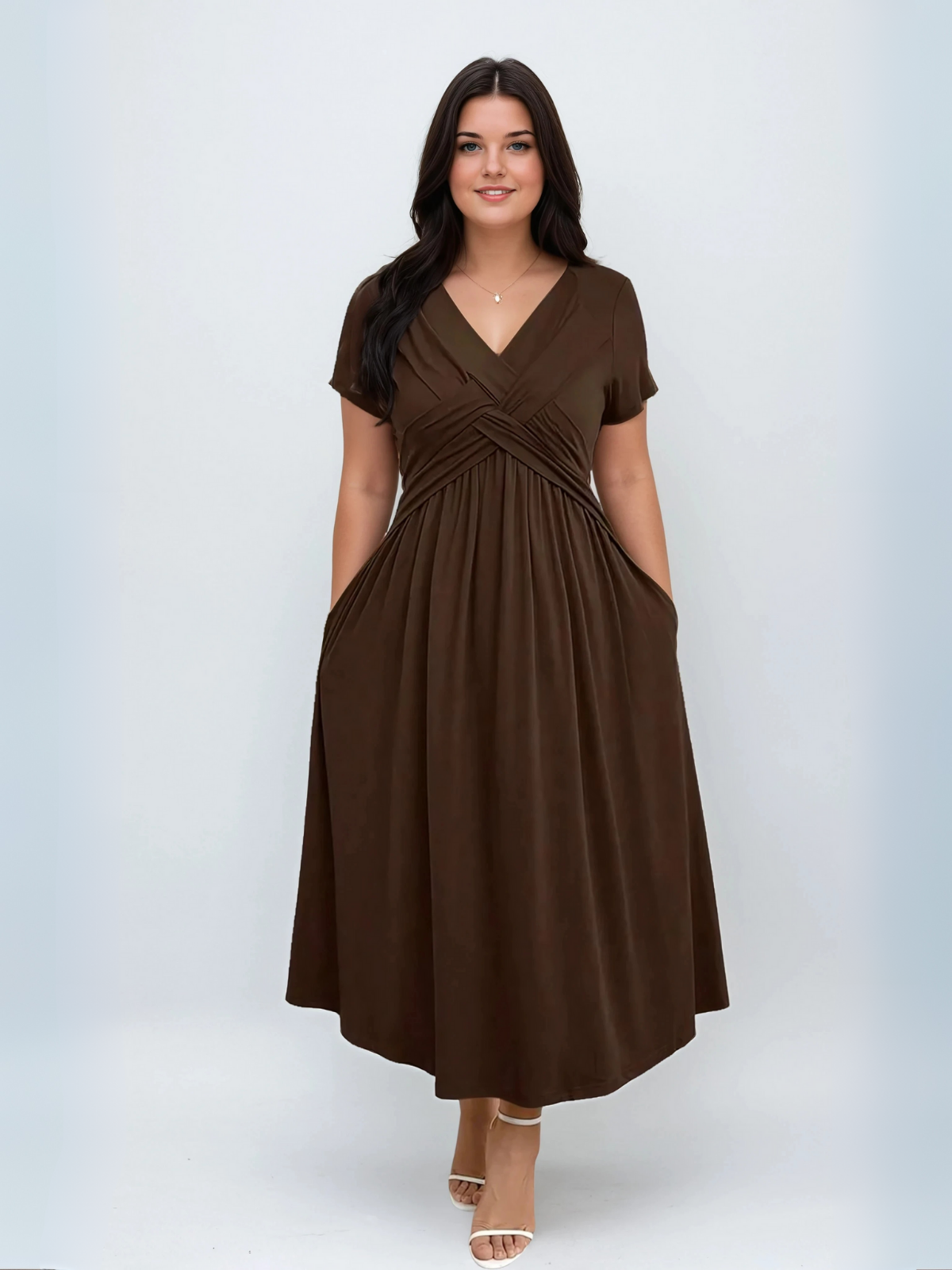 Plus Size V Neck Sundress With Pockets Cinched Waist