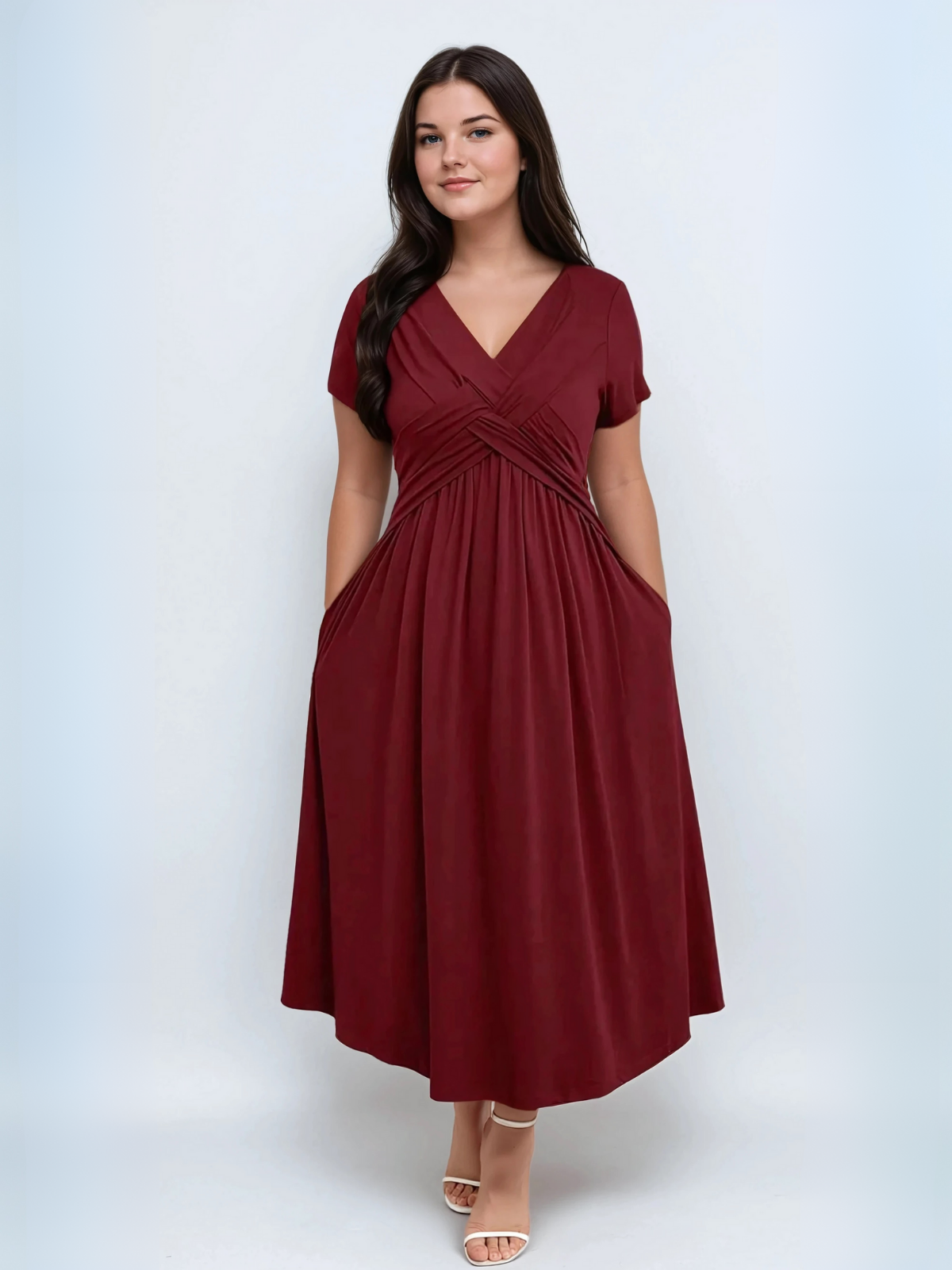 Plus Size V Neck Sundress With Pockets Cinched Waist