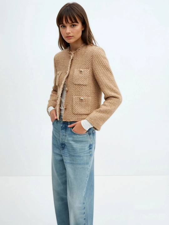 Cardigan in tweed monopetto con scollo tondo