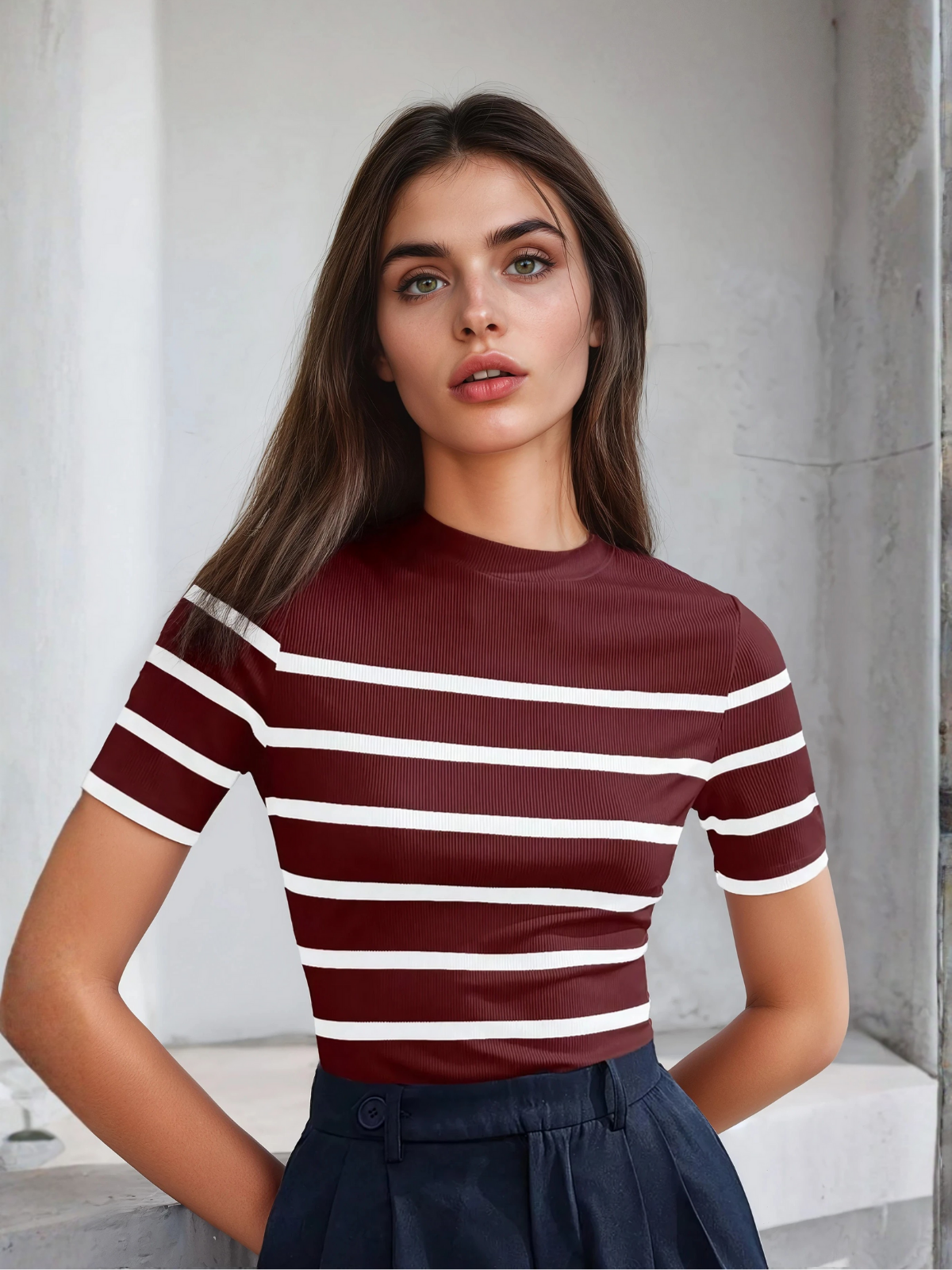 Striped Mock Neck Fitted Top Chic Office Ready Style