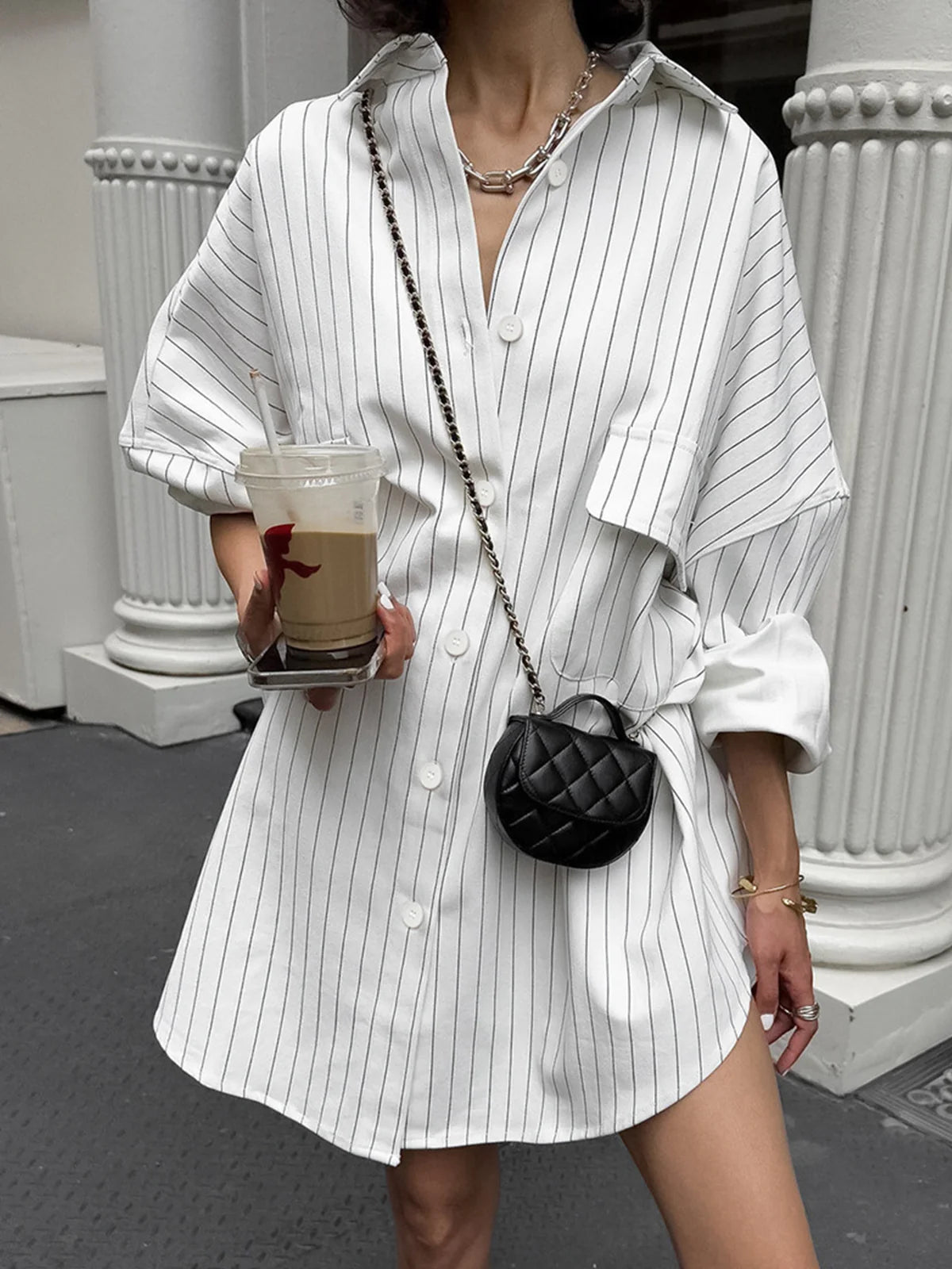 Striped Large Pockets Long Sleeve Shirt - LA FEMME WANDERER