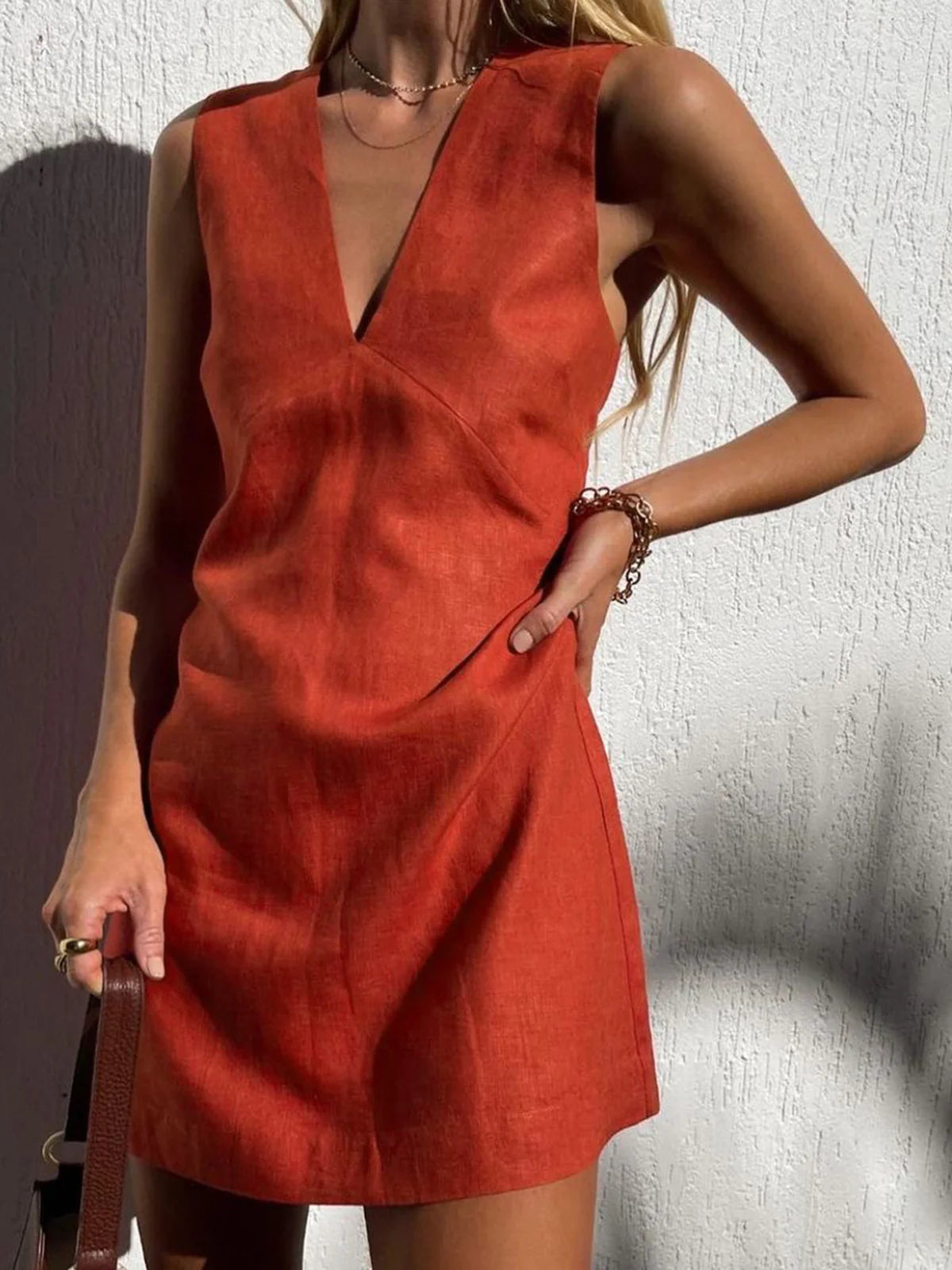 Cotton & Linen V-Neck Short Dress - LA FEMME WANDERER