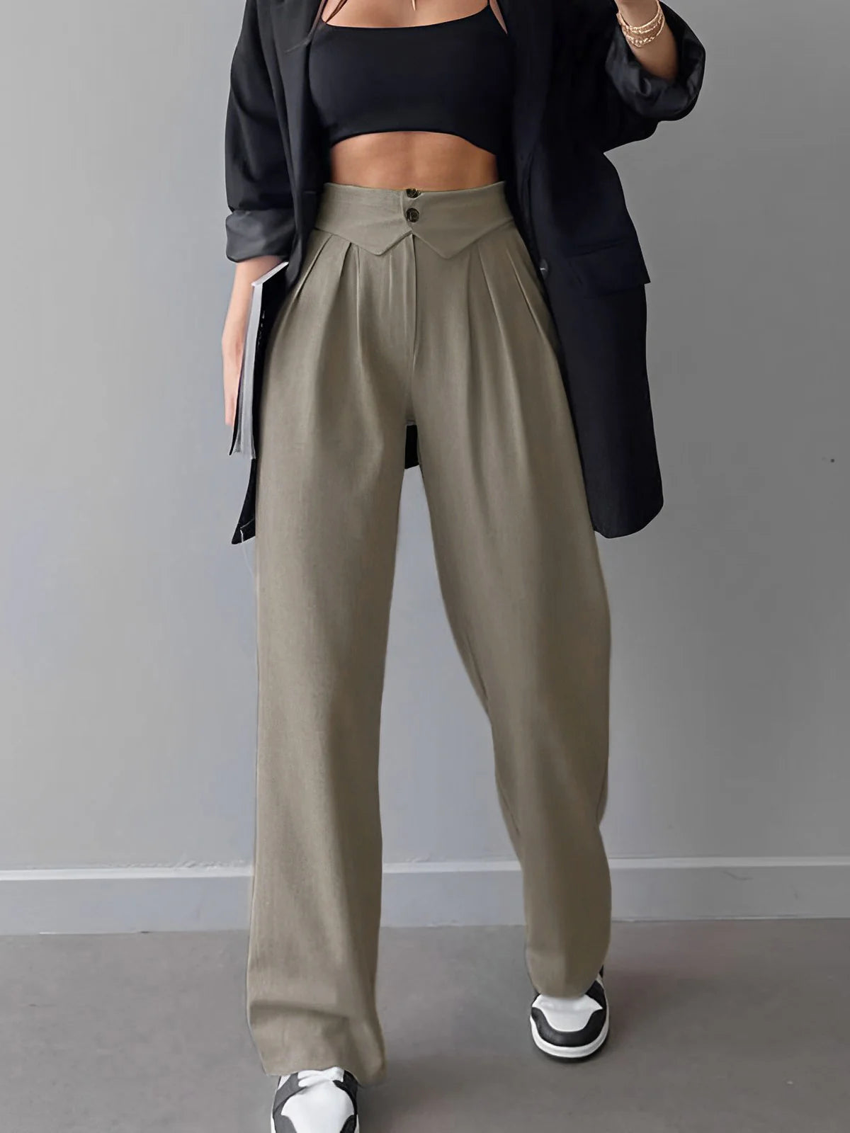 Street Fold Over Waistband Straight Leg Dress Pants - LA FEMME WANDERER