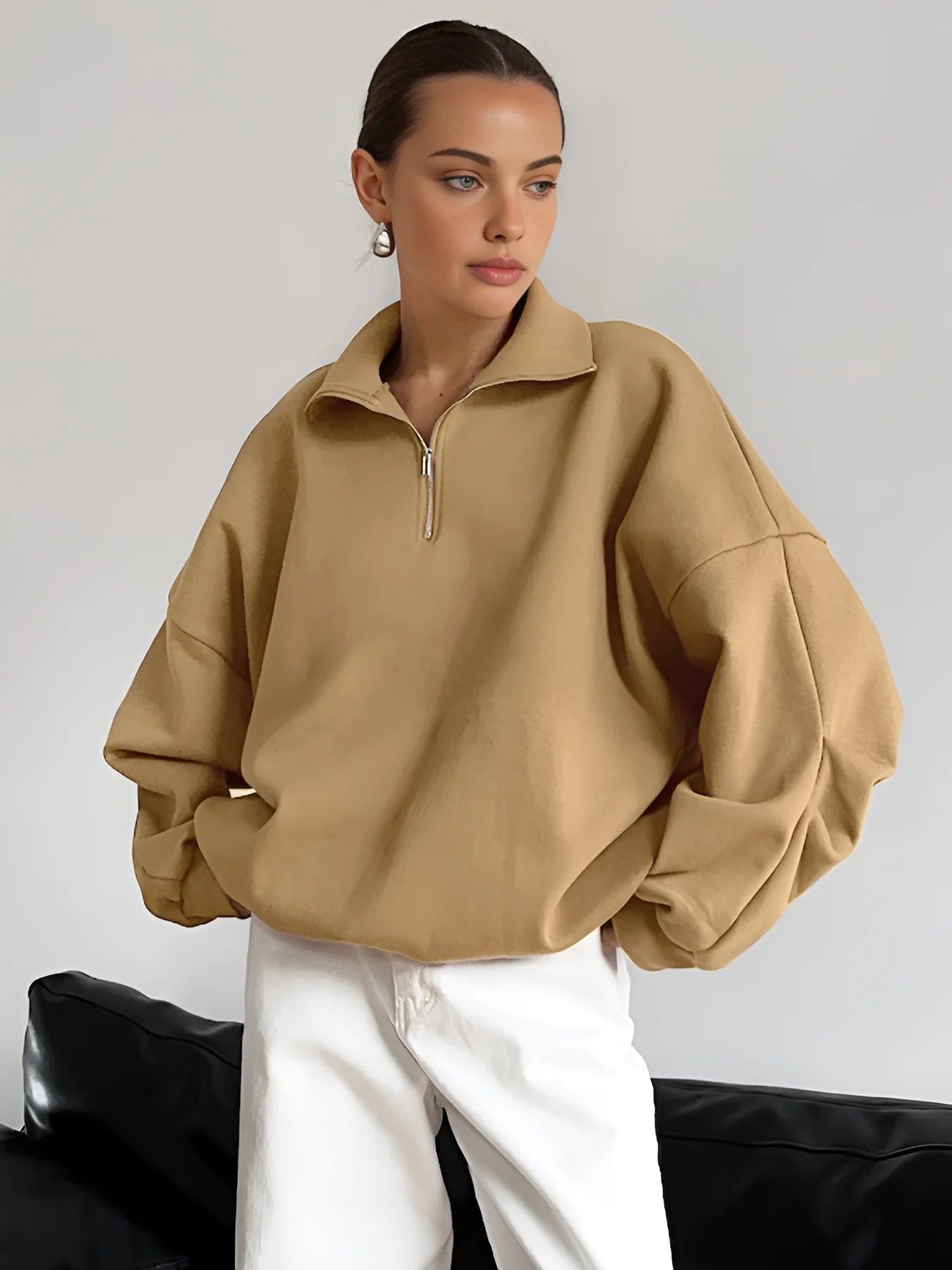 Lapel Zipper Pullover Sweatshirt - LA FEMME WANDERER