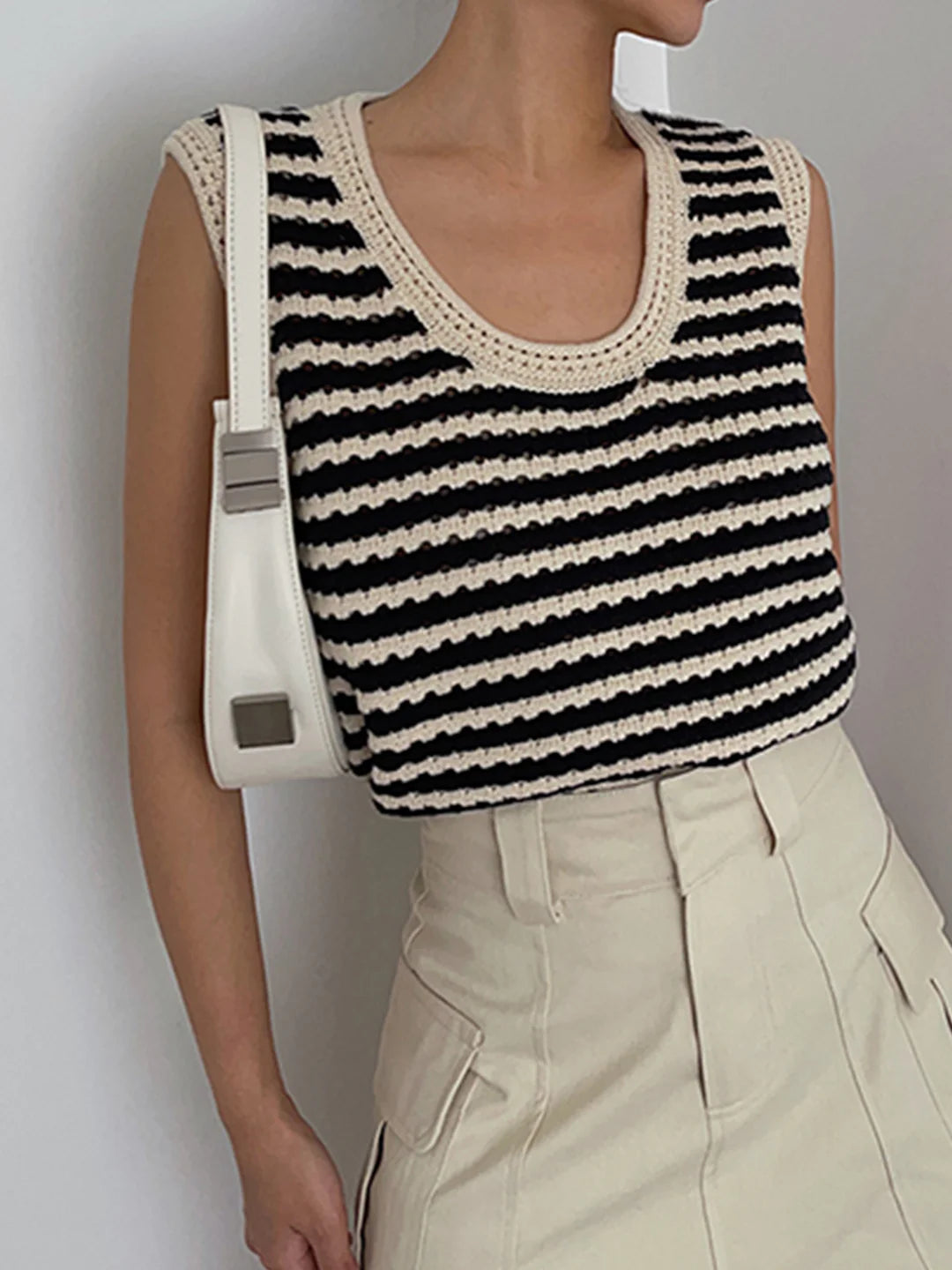 Classy Stripe Crochet Sweater Vest - LA FEMME WANDERER