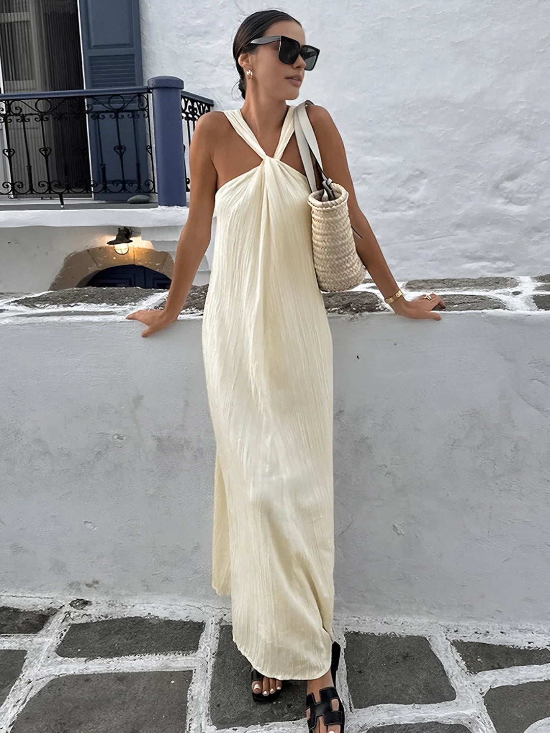 Backless Cross Shoulder Halter Long Dress - LA FEMME WANDERER
