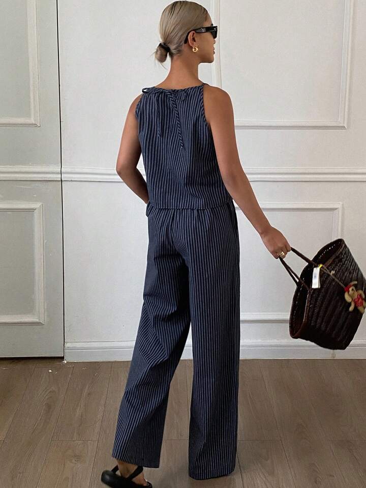 Casual & Chic Navy Blue Striped Matching Set