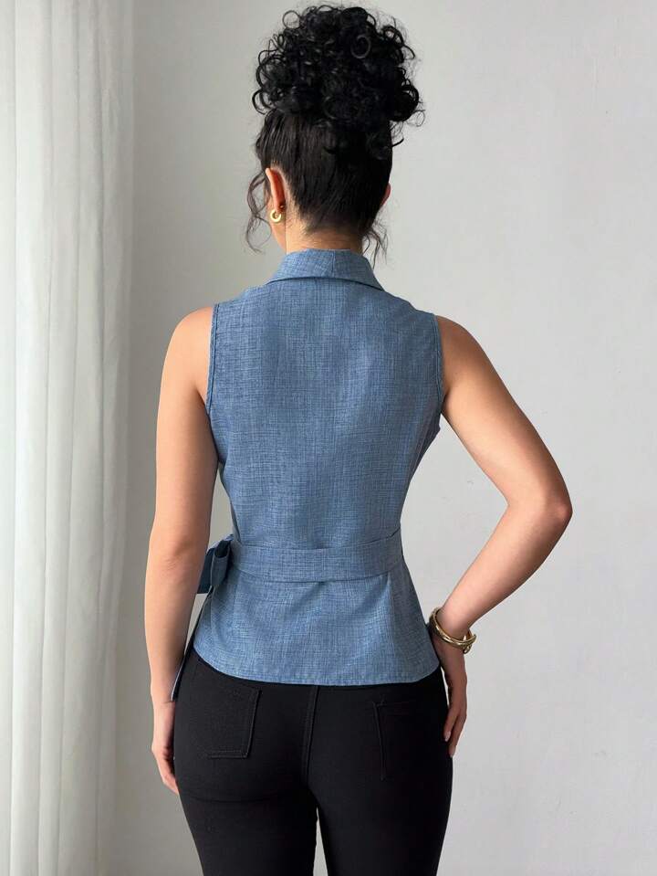 Tailored Blue Waist-Tie Vest for Elegant Everyday Styling