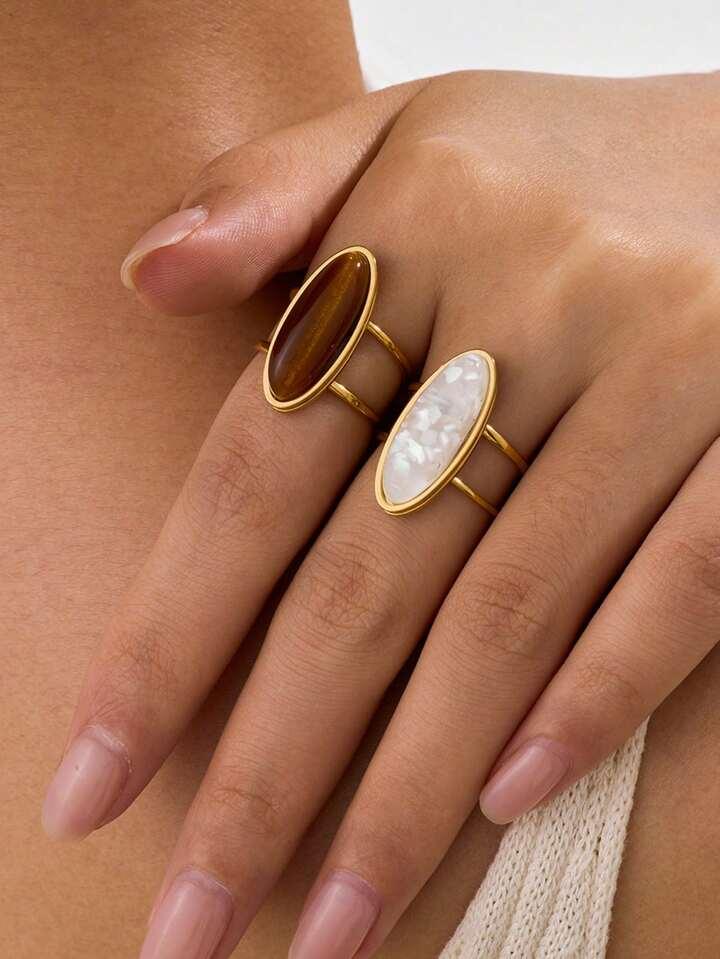 2-Piece Tiger Eye & White Stone Ring Set