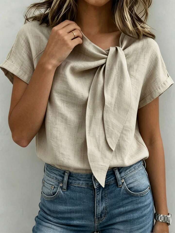 Lightweight Neutral Top with Sophisticated Tie-Neck Accent