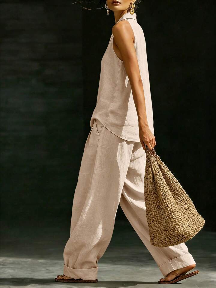 Elegant Style Halter Top & Wide-Leg Pants Co-Ord