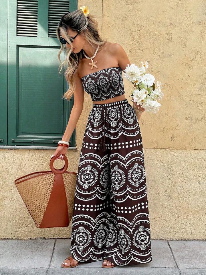 Boho Chic Strapless Crop Top & Wide-Leg Pants Co-Ord