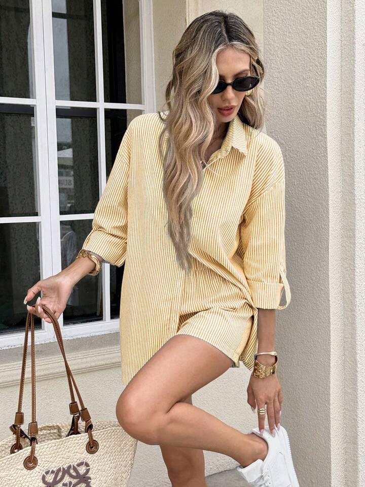 Hamptons Stripe Shirt & Skort Set – Relaxed Button-Up Co-Ord for Effortless Coastal Chic