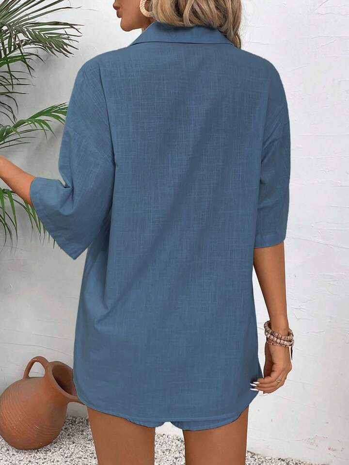 Deep Blue Cotton Breezy Oversized Shirt with Matching Drawstring Shorts