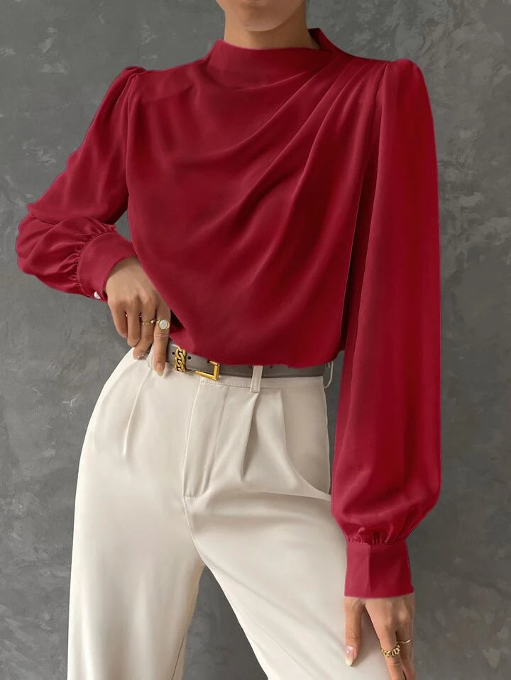 Elegant Bishop Sleeve Draped Top - LA FEMME WANDERER