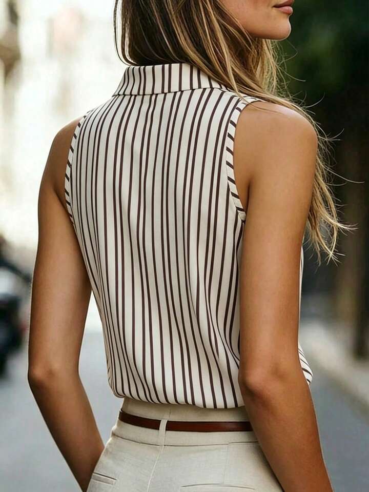 Elegant Black & White Classy Sleeveless Striped Blouse