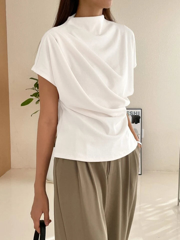 Casual Chic Solid Color Funnel Neck Blouse - LA FEMME WANDERER