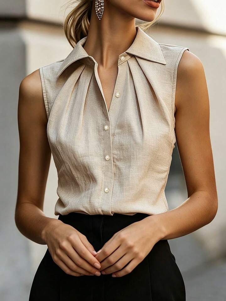 Elegant Button Front Top – Pleated Neck Sleeveless Fashion Blouse