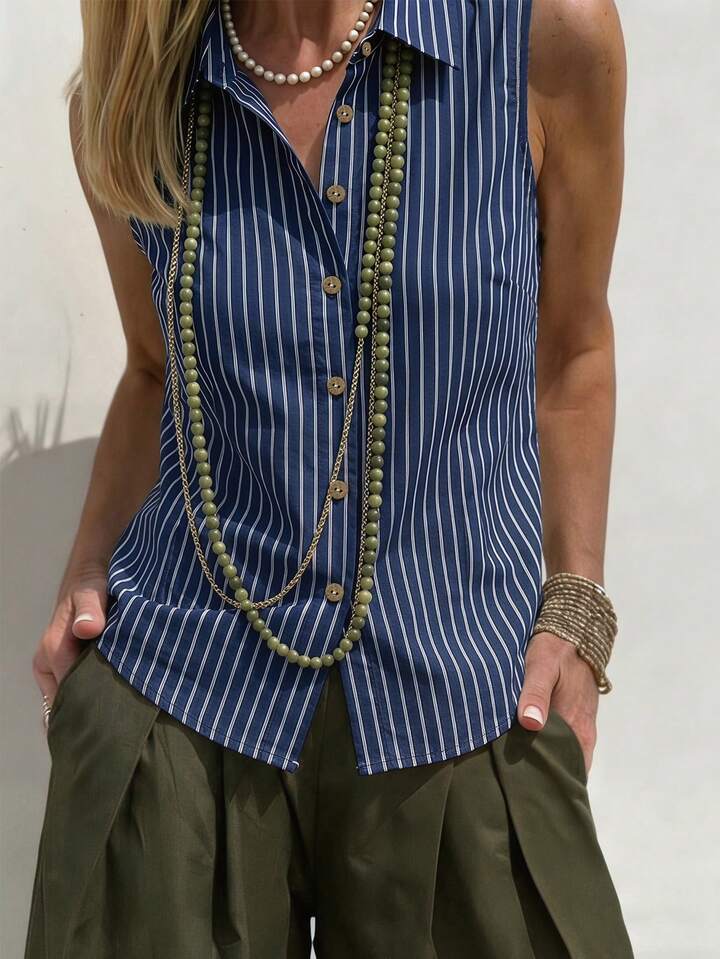 Navy Sleeveless Button Shirt – Smart Casual Office Ready Top