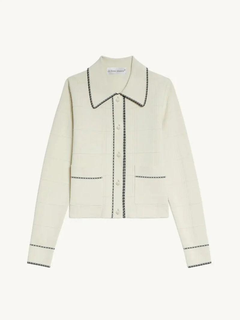 Cardigan lavorato a maglia con pizzo a quadri e bottoni di perle