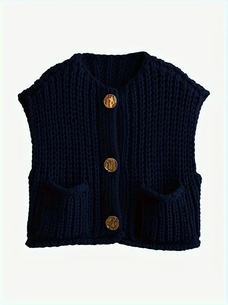 Pocket Sleeveless Short Knitted Cardigan Vest - LA FEMME WANDERER