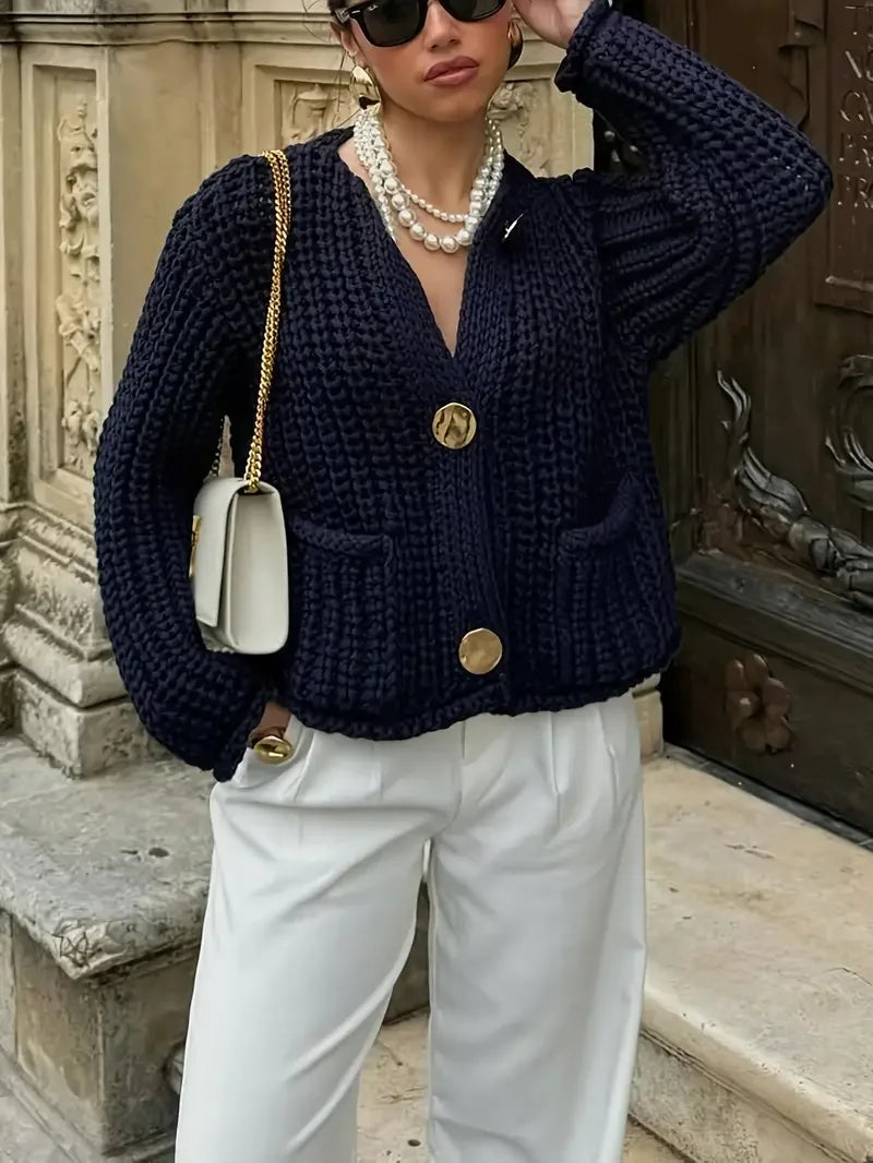 Cardigan elegante blu navy con motivo traforato