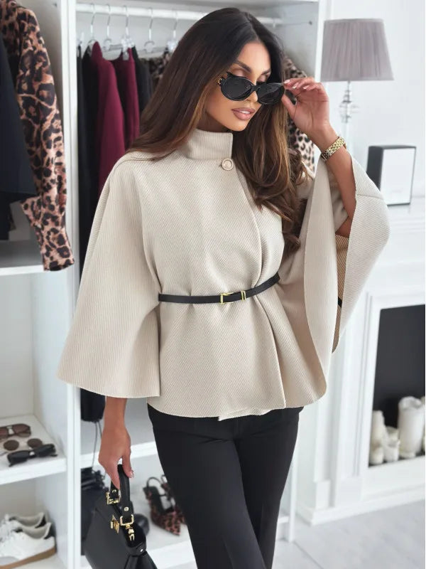 Stand Collar Cloak Top With Belt - LA FEMME WANDERER