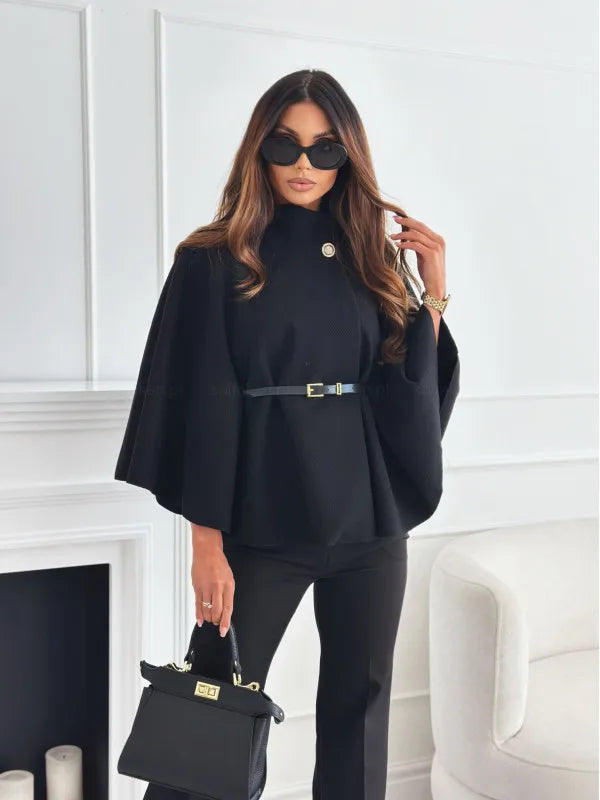 Stand Collar Cloak Top With Belt - LA FEMME WANDERER