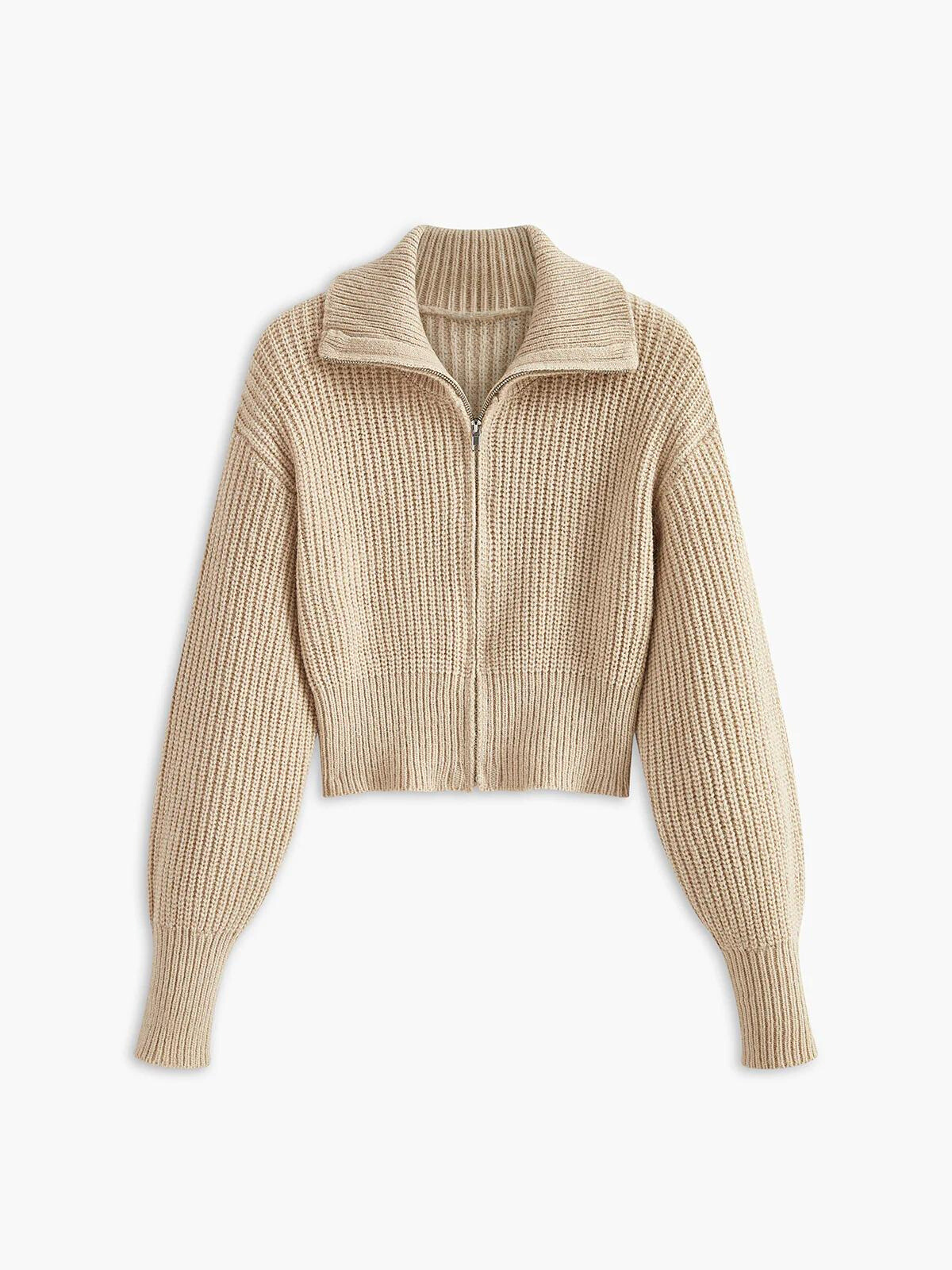 Ribbed Zipper Lapel Cardigan - LA FEMME WANDERER