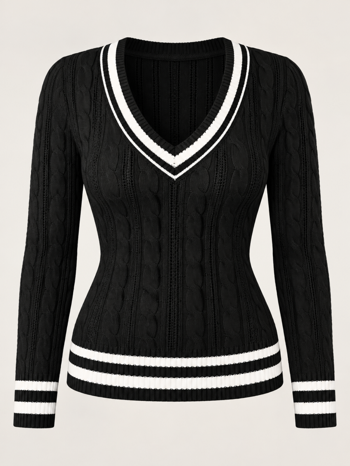 Contrast Trim Cable Knit V-Neck Sweater